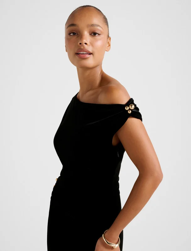forever new  WINSLET Asymmetric Neck Velvet Maxi Dress for Women | Best Price UAE